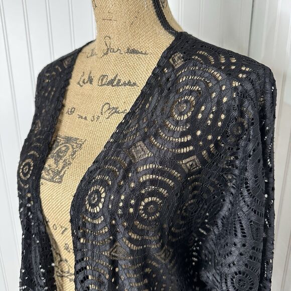 Black Lace Kimono Cardigan LuLaRoe Sz M Open Front Sheer Cover Up Boho Festival - Picture 2 of 14